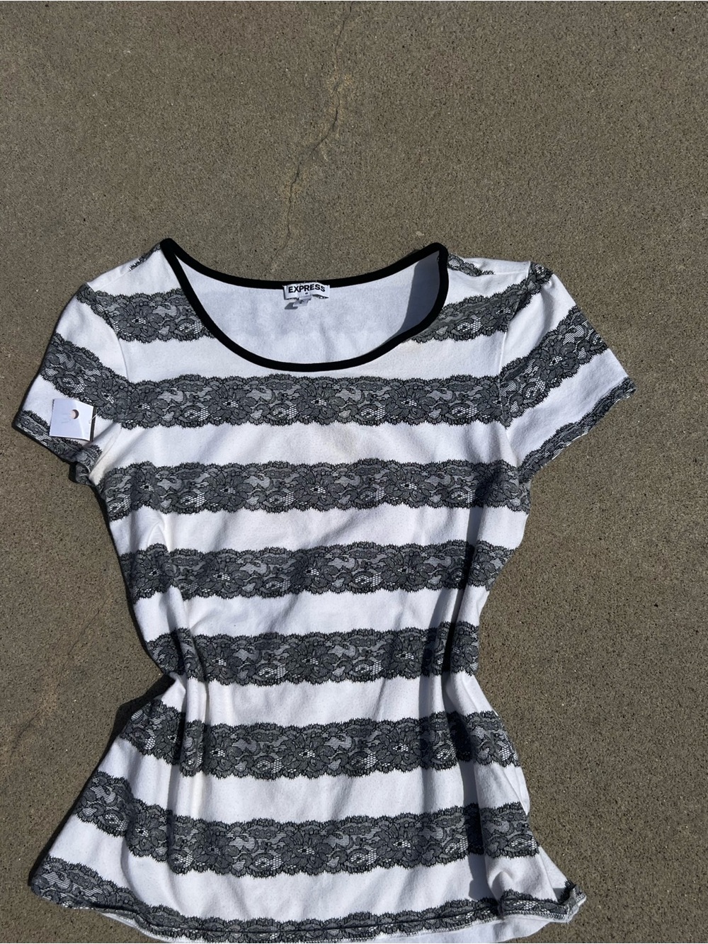 Express Black & White Lace-Striped Scoop Neck Tee